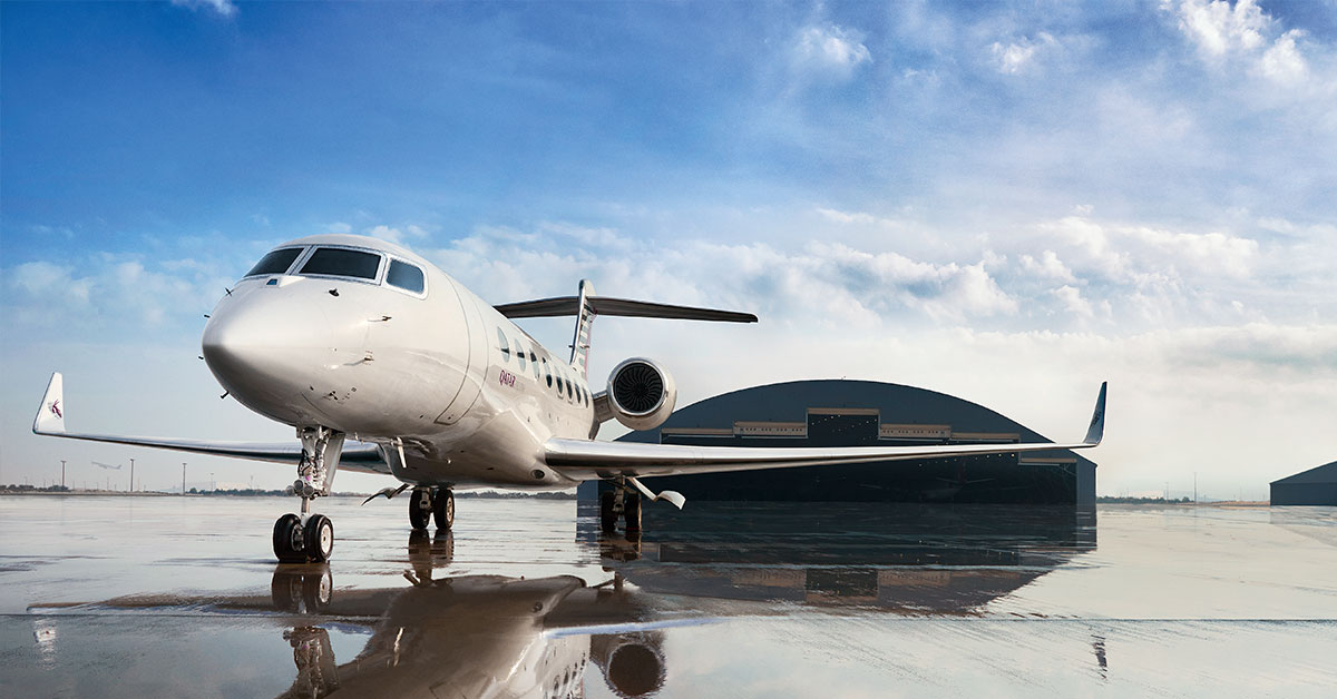 Gulfstream G650 private jet charter at airport hangar