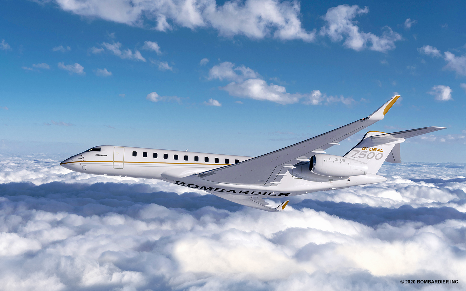Bombardier Global 7500 private jet chartered flight over clouds