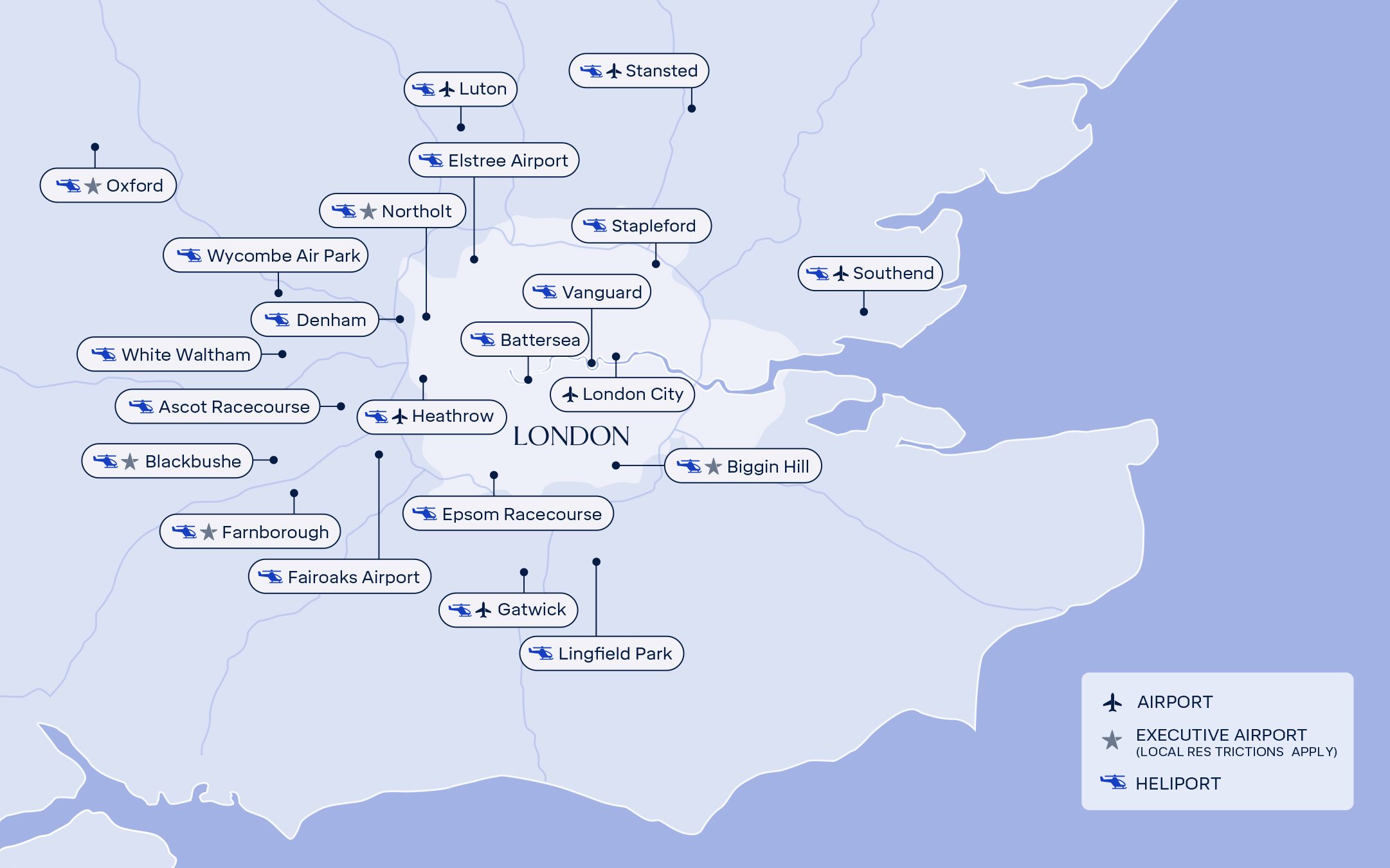 Map of airports and helipads in and around london
